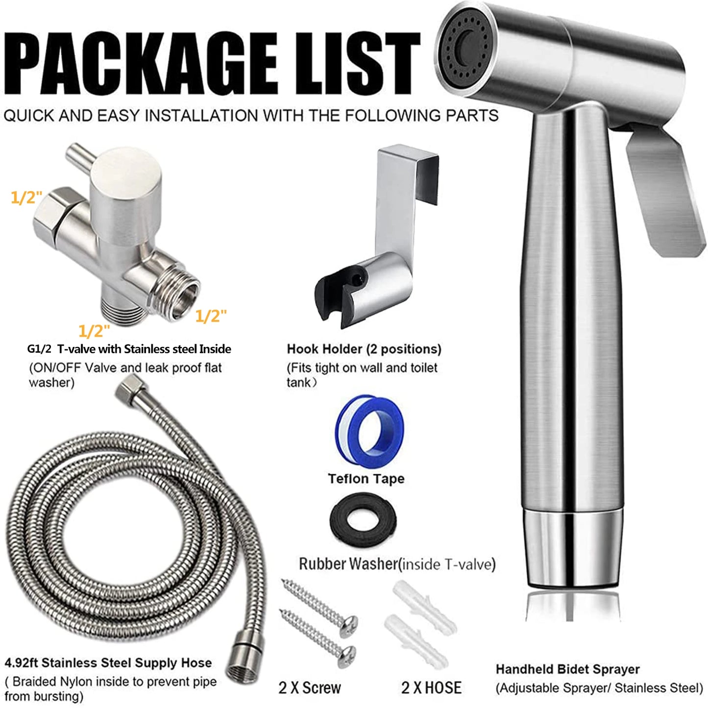 Bidet Hand Shower, FainFun Bidet Shower Set, Hand Bidet Sprayer Sprayer, Adjustable Water Pressure, Stainless Steel Hand Shower, Toilet for Personal Care/Shower/Floor Toilet Cleaning