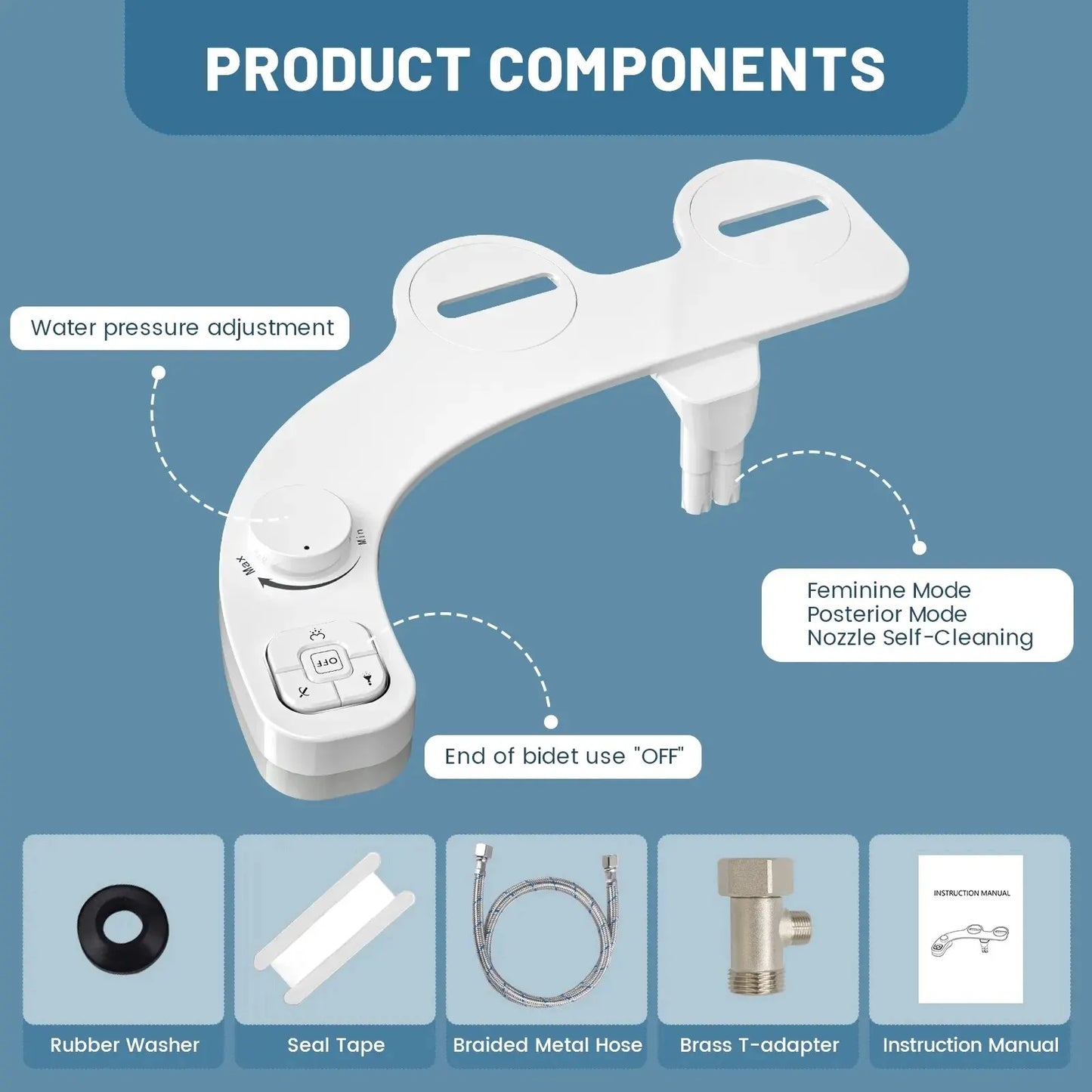 Non-Electric Home Bidet - Self Cleaning Dual Nozzle (Frontal and Rear Wash) Water Bidet Toilet Seat Attachment and Adjustable Water Pressure