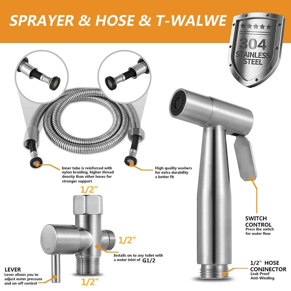 Bidet Hand Shower, FainFun Bidet Shower Set, Hand Bidet Sprayer Sprayer, Adjustable Water Pressure, Stainless Steel Hand Shower, Toilet for Personal Care/Shower/Floor Toilet Cleaning